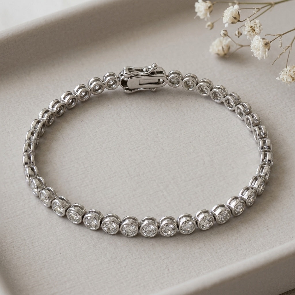 14k White Gold VS Round Bezel Set Natural Diamond Tennis Bracelet 6.04CT