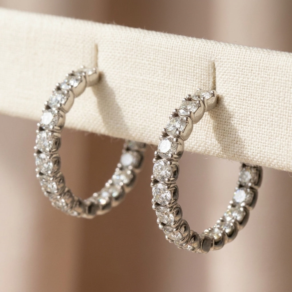 14k White Gold VS Round Diamond Inside Out Hoop Earrings 4.49CT