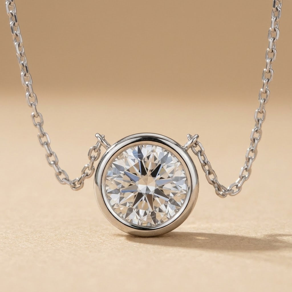 14k white gold VS round lab grown diamond solitaire pendant necklace 1.08ct
