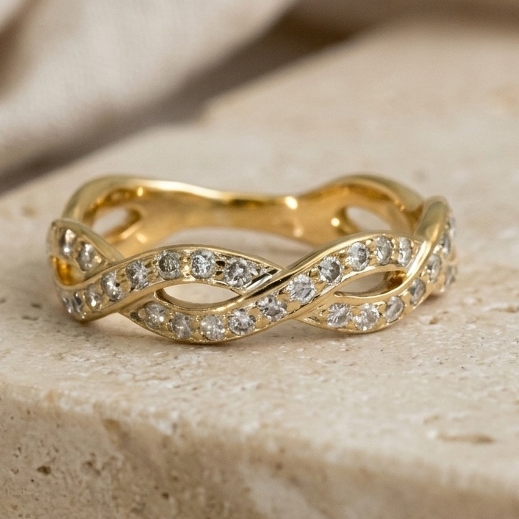 14k Yellow Gold Round Diamond Entwined Twisted Band Ring 0.66CT Size 9.5