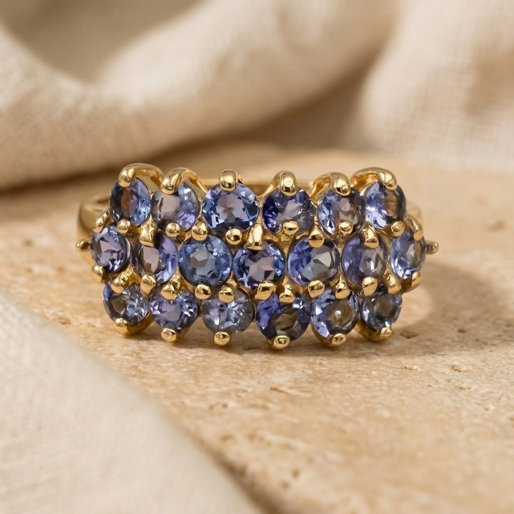14k yellow gold round tanzanite cluster ring 1.50ct