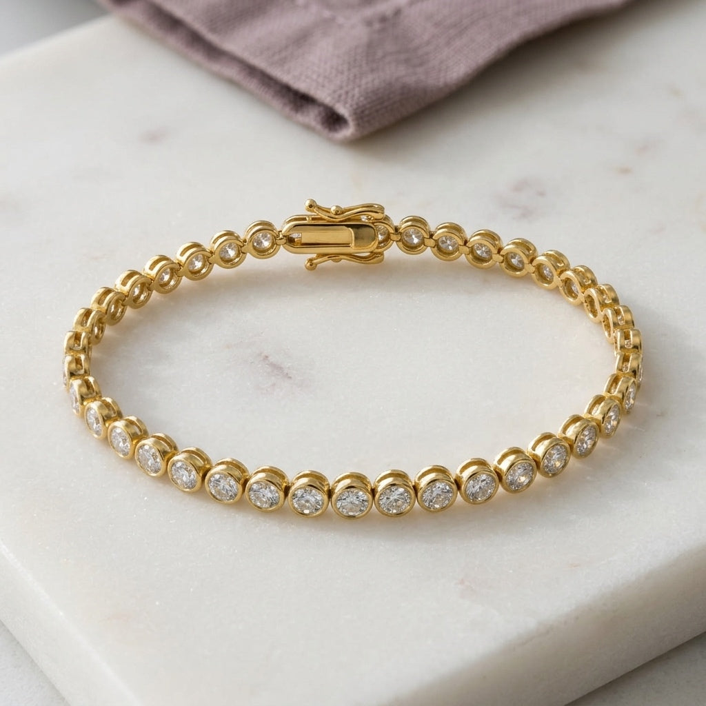 14k Yellow Gold VS Round Bezel Set Natural Diamond Tennis Bracelet 6.06CT