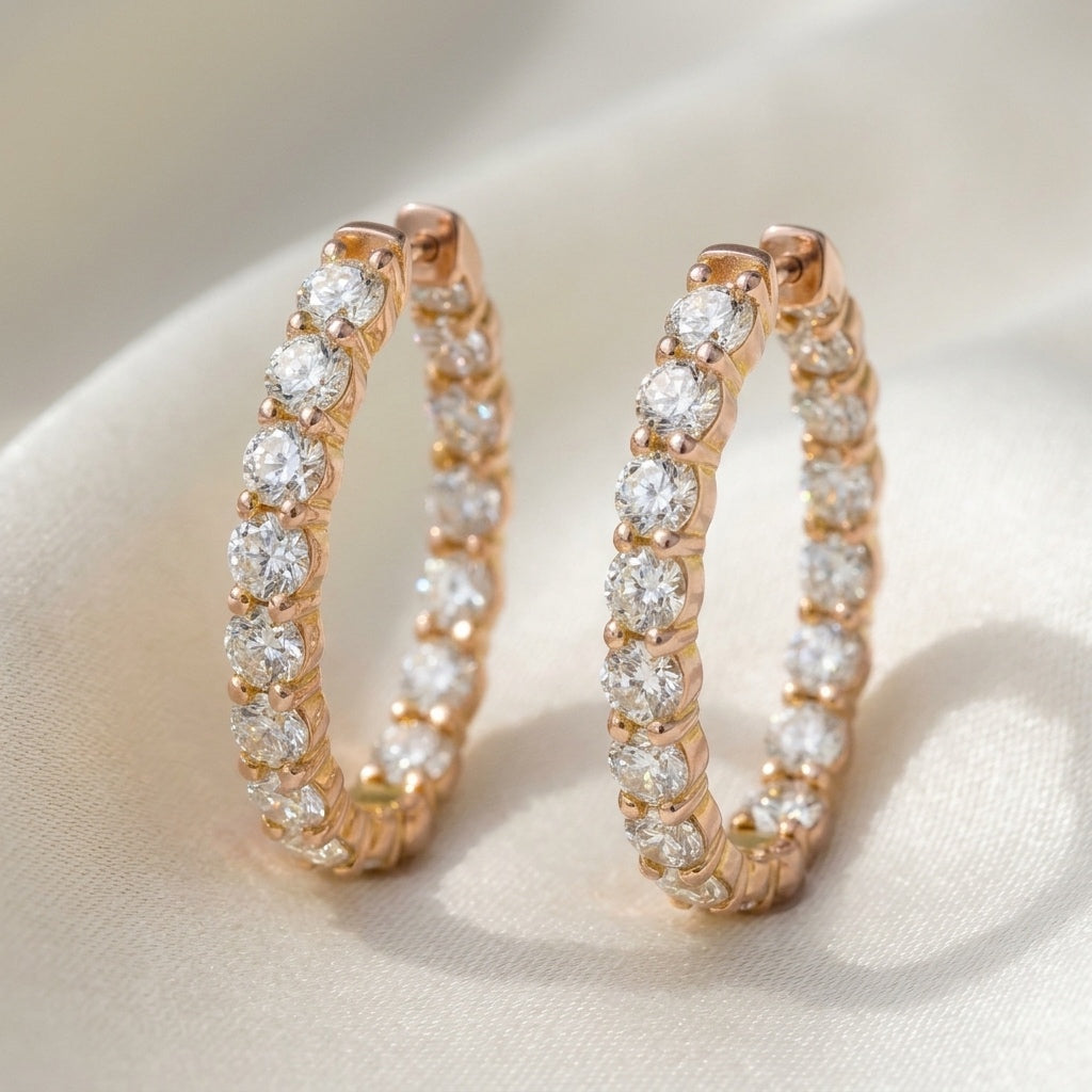 18k Rose Gold VS Round Diamond Inside Out Oval Hoop Earrings 8.13CT