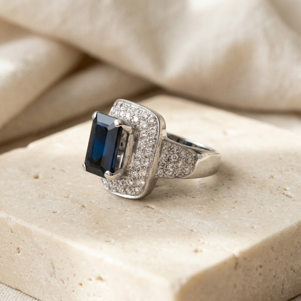 18k White Gold Diamond and Sapphire Cocktail Ring 5.75CT Size 6.75