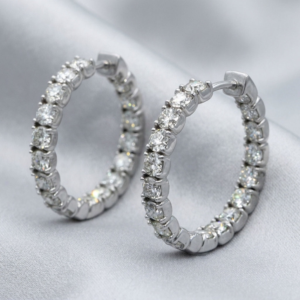 18k White Gold Round Diamond Inside Out Oval Hoop Earrings 10.58CT