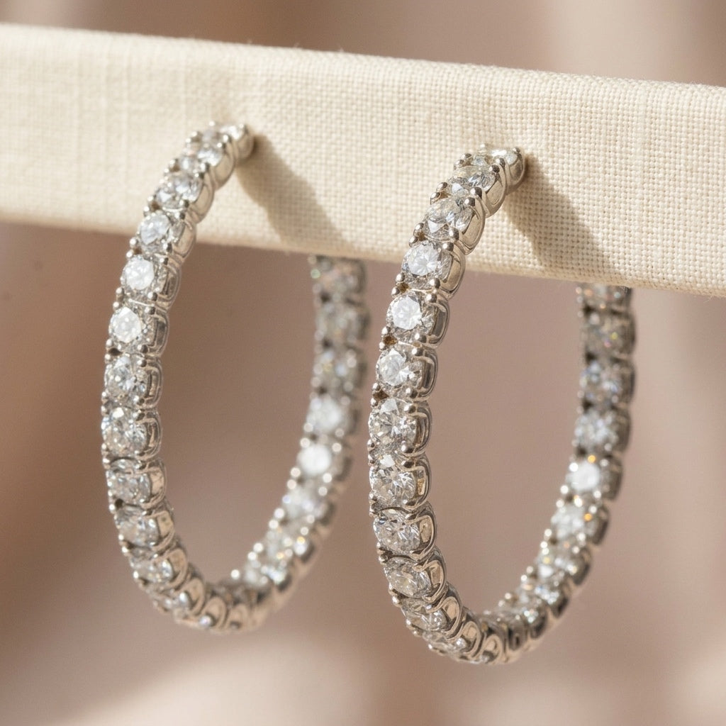 18k White Gold VS Round Diamond Inside Out Circle Hoop Earrings 7.33CT