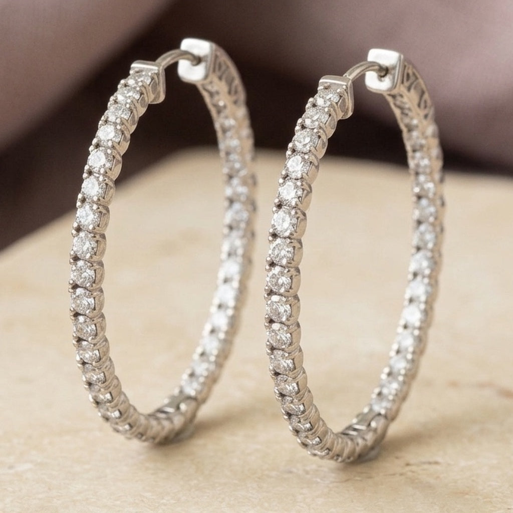 18k White Gold VS Round Diamond Oval Hoop Inside Out Earrings 5.78CT
