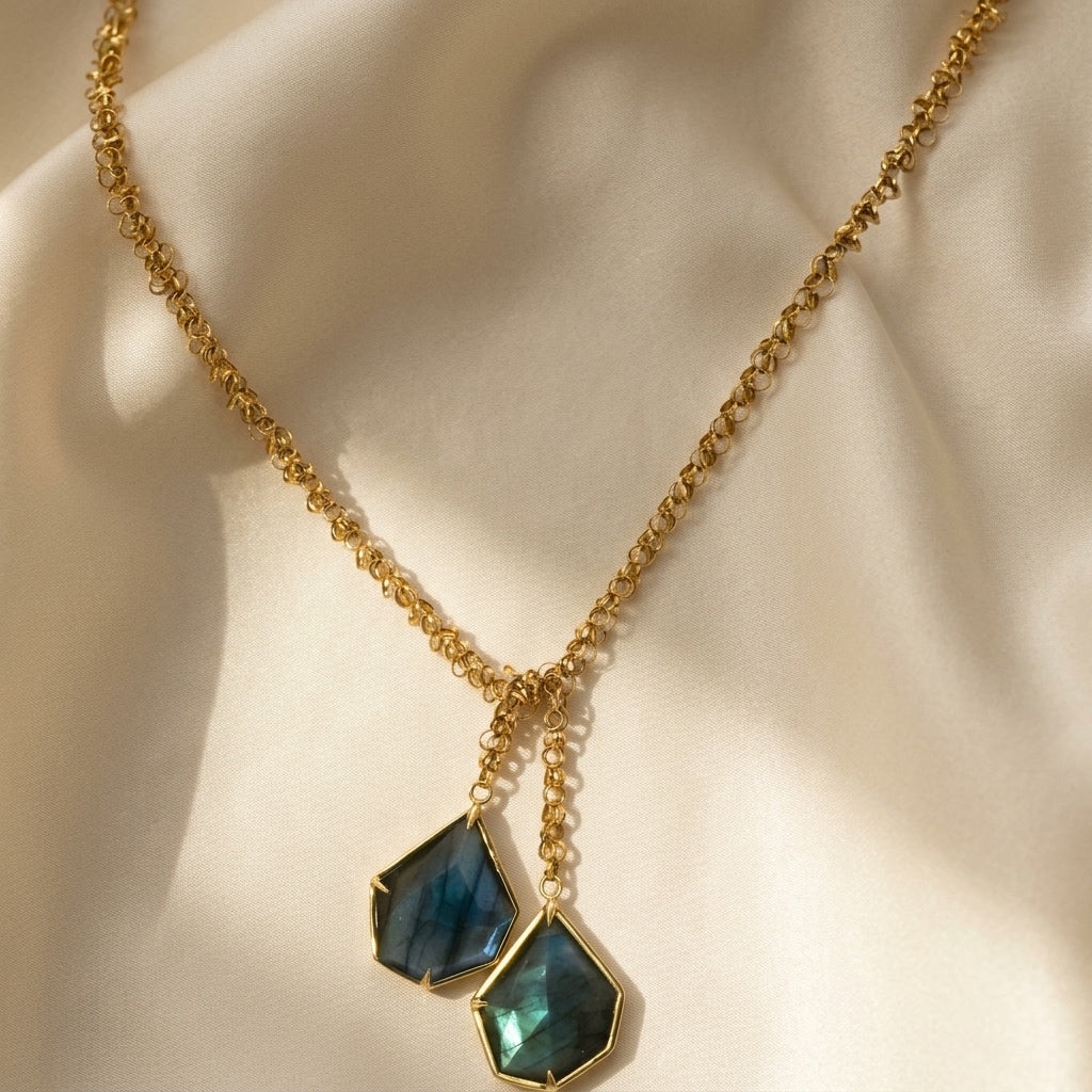 18k Yellow Gold Fancy Cut Labradorite Tassel Necklace 30.0CT