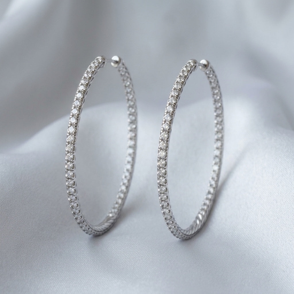DAVID YURMAN 18k White Gold Diamond Reverse Set Inside Out Hoop Earrings 3.0CT