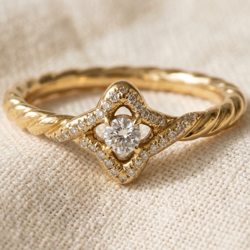 DAVID YURMAN 18k Yellow Gold Diamond Venetian Quatrefoil Ring 0.18CT Size 6