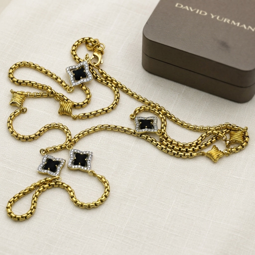 DAVID YURMAN 18k Yellow Gold VS Diamond and Carved Onyx Chain Necklace 1.0CT