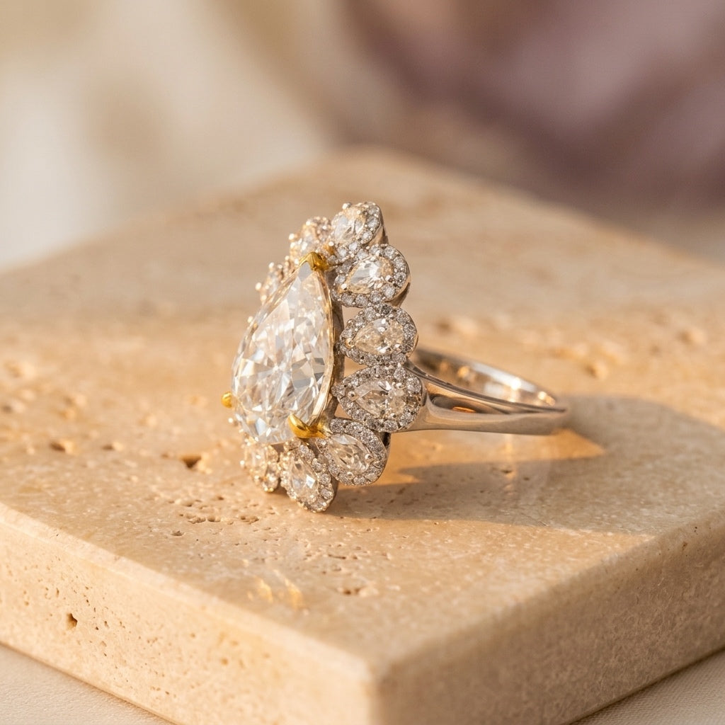 GIA 18k Two Tone Gold SI1/H Pear Cut Diamond Engagement Ring 4.51CT Size 6.25