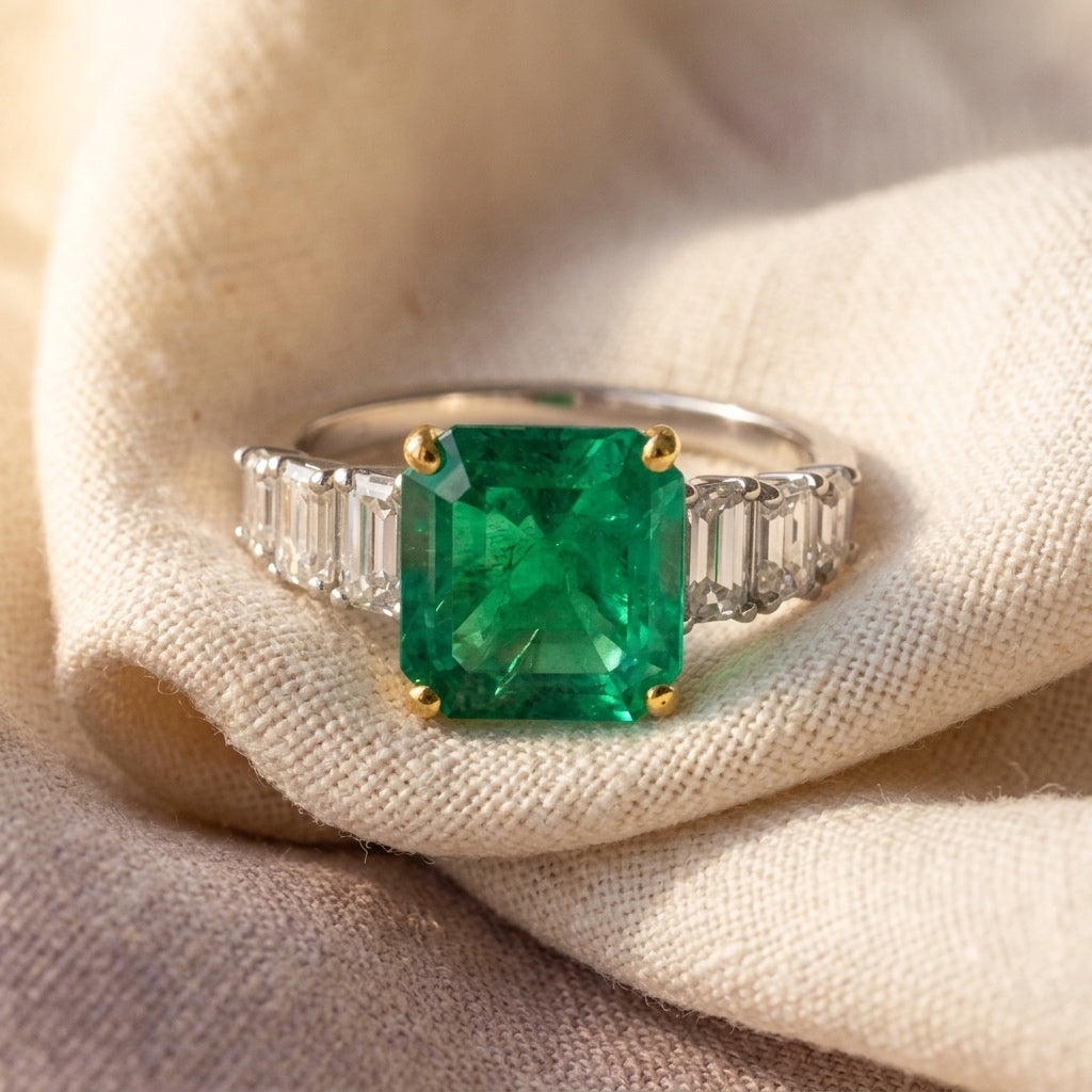 GIA 18k White Yellow Gold Colombian Emerald & Diamond Cocktail Ring 4.0CTW Sz 7