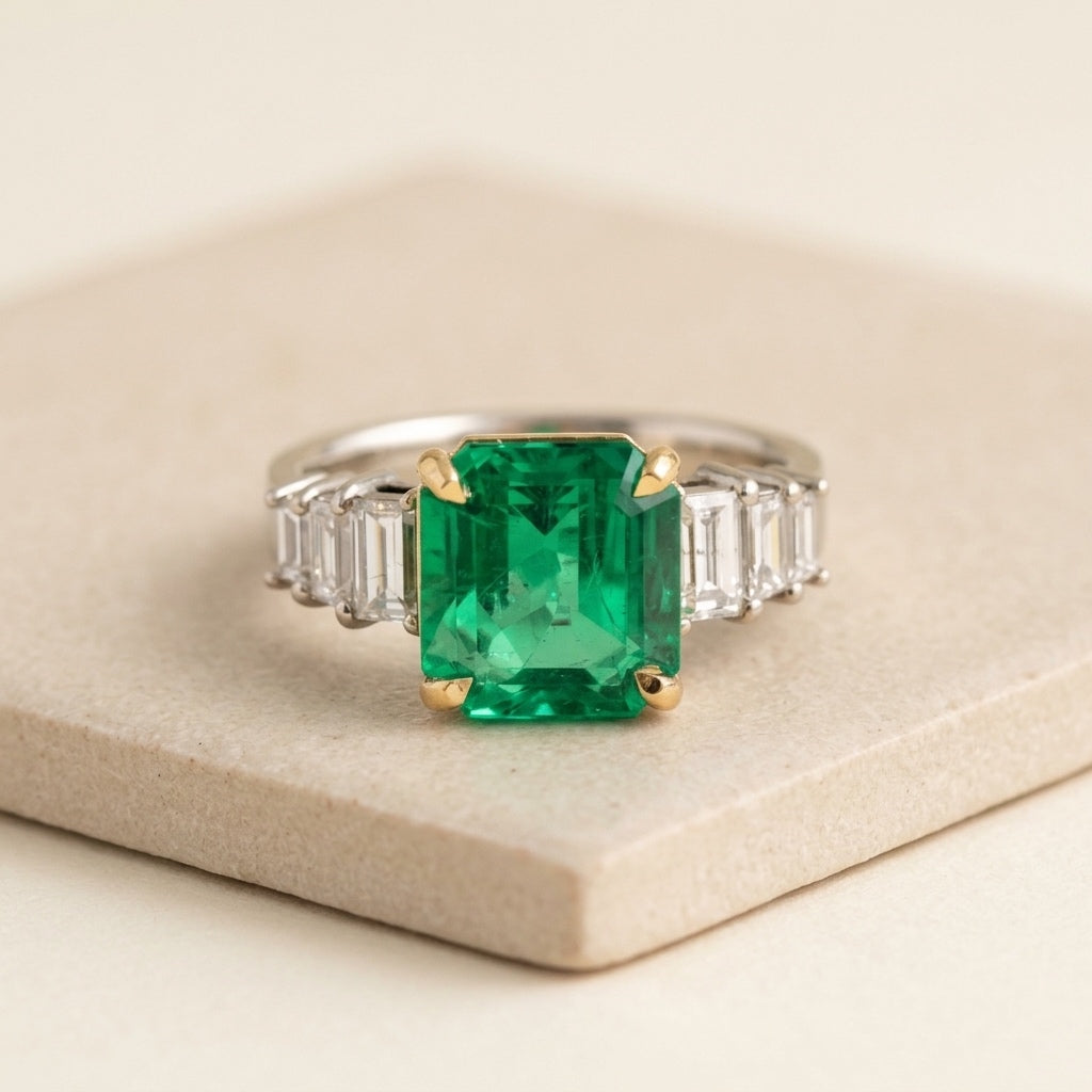 GIA 18k White & Yellow Gold Colombian Emerald & Diamond Ring 4.32CTW Size 6.25