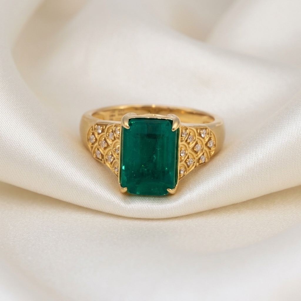 GIA 18k Yellow Gold Zambia Emerald and Diamond Cocktail Ring 5.10CT Sz 7.25
