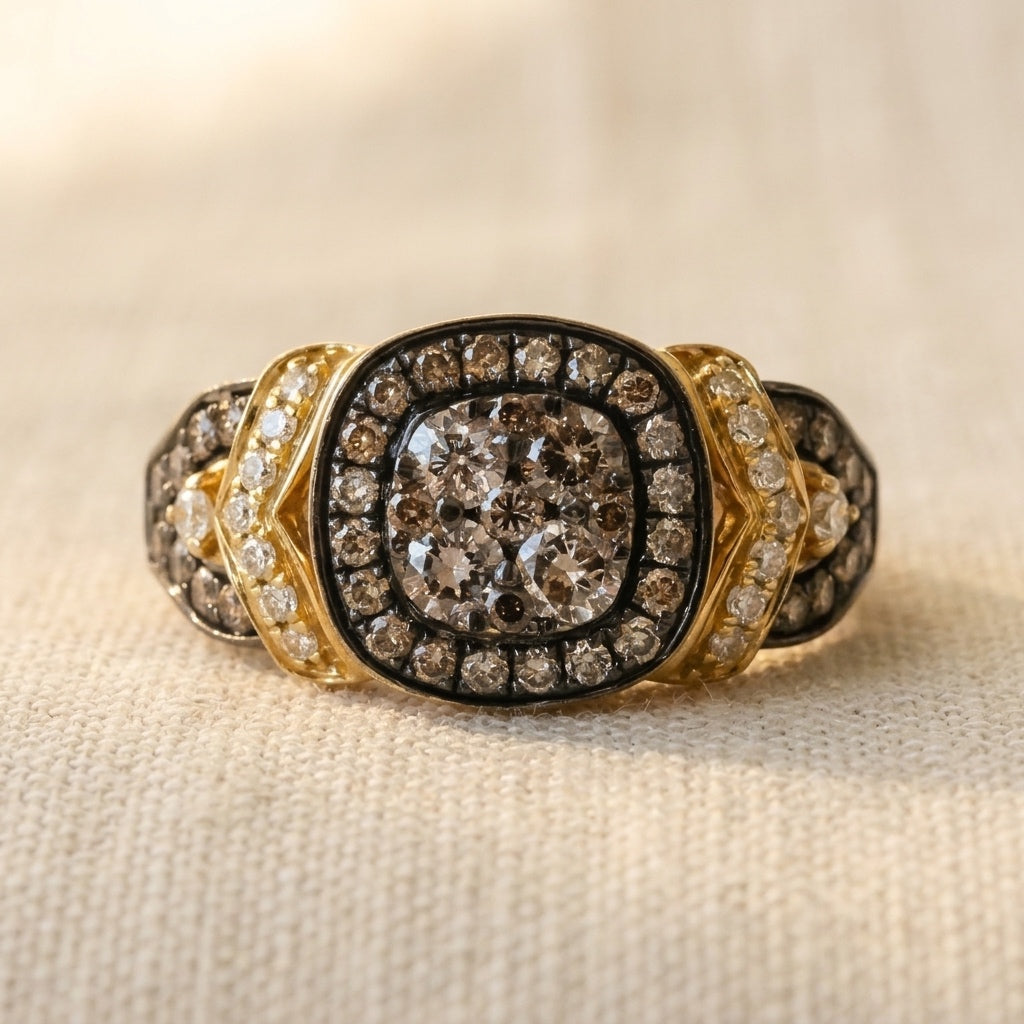 LE VIAN 14k Yellow Gold White and Chocolate Diamond Ring 0.90CT Size 6.75