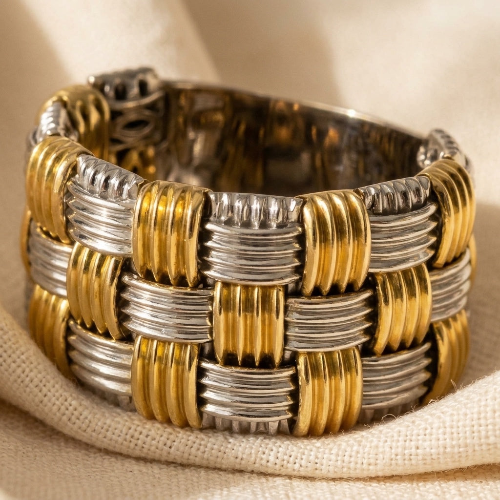 ROBERTO COIN 18k Yellow White Gold Basketweave Statement Flexible Ring Size 8