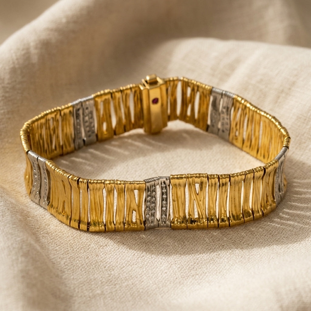 ROBERTO COIN 18k Yellow White Gold Pave Diamond "Elephant Skin" Bracelet 0.40CT