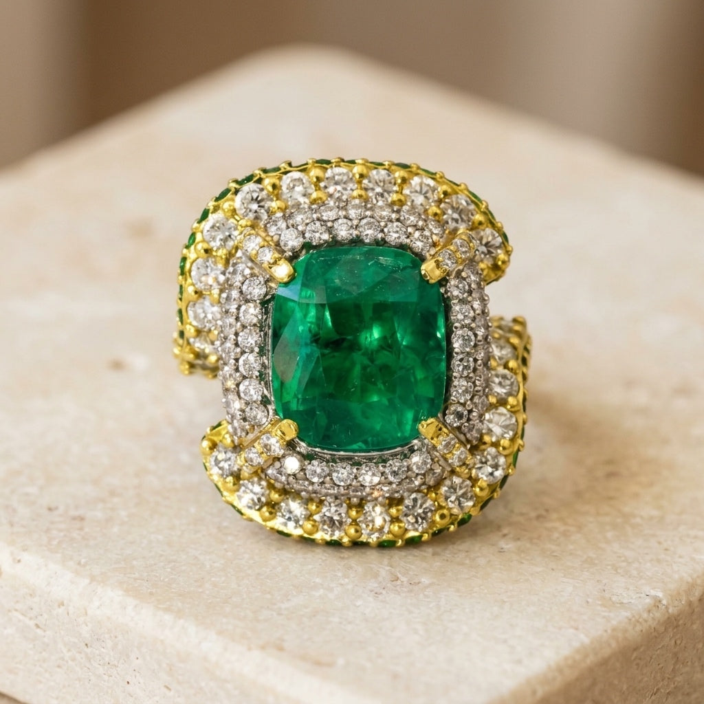 STAMBOLIAN 18k Yellow Gold Emerald and VS Diamond Cocktail Ring 10.50CT Size 8