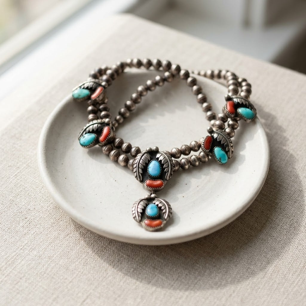 Sterling silver turquoise and carnelian Native American squash blossom necklace