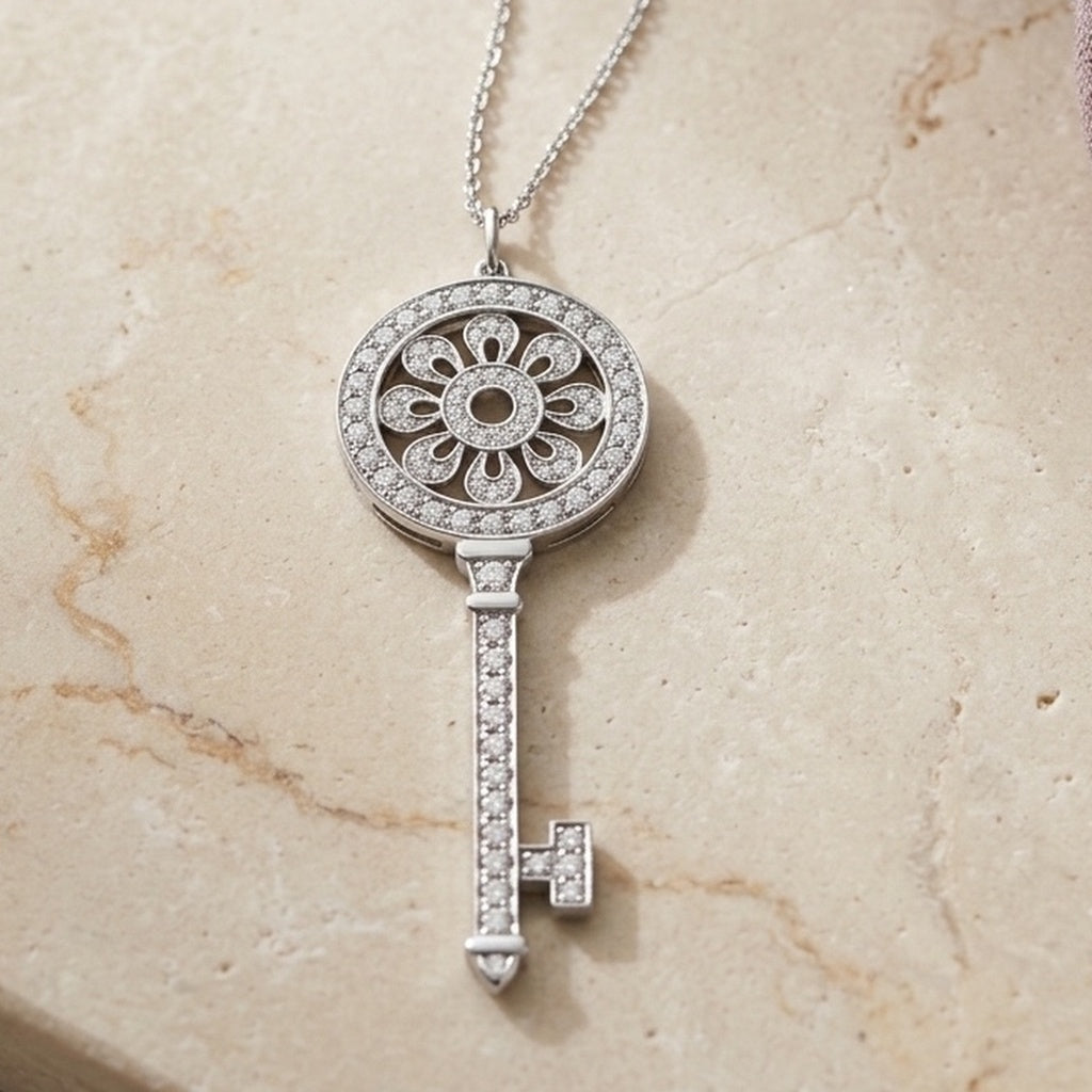 TIFFANY & CO. Platinum and 18k Gold Diamond Petals Key Pendant Necklace 1.18CT