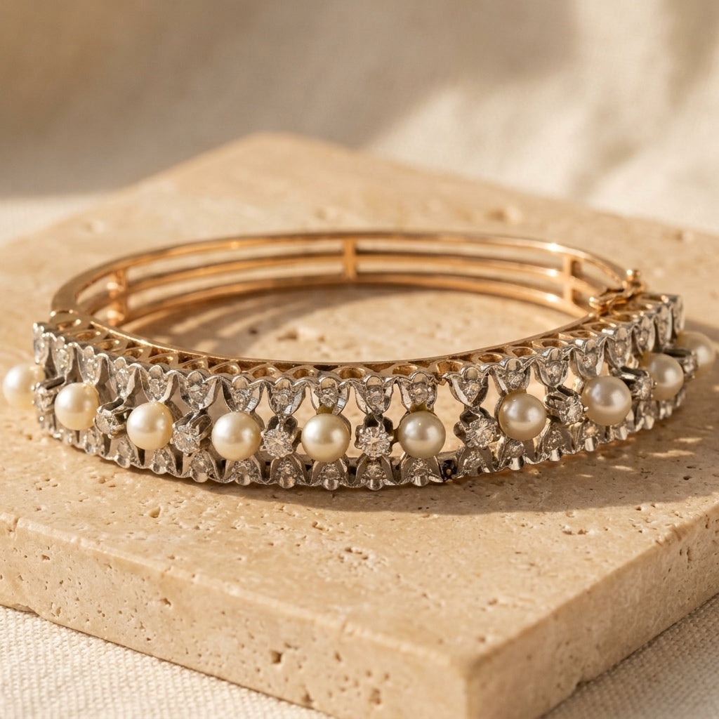 Vintage Antique 14k Yellow Gold Diamond and Pearl Bangle Bracelet 1.50CT