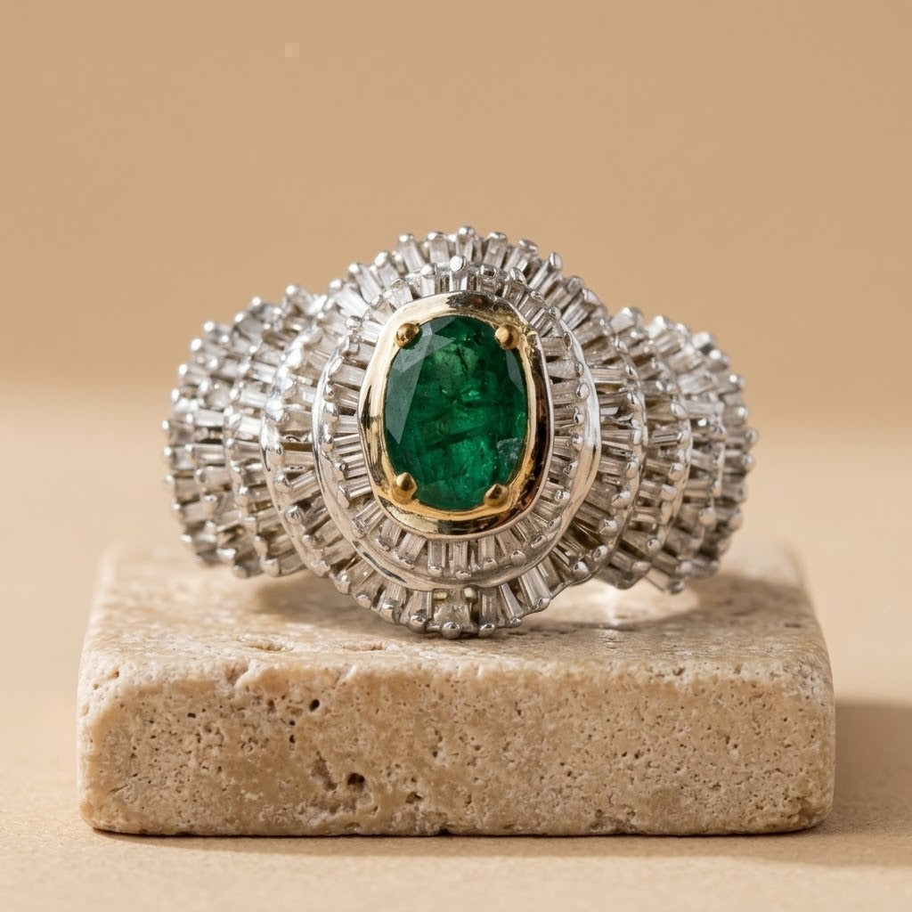 Diamond and emerald cluster cocktail ring on beige travertine stone