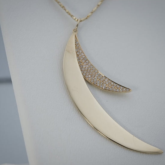 18k & 14k Yellow Gold Round Diamond Crescent Moons Pendant Necklace 0.25CT