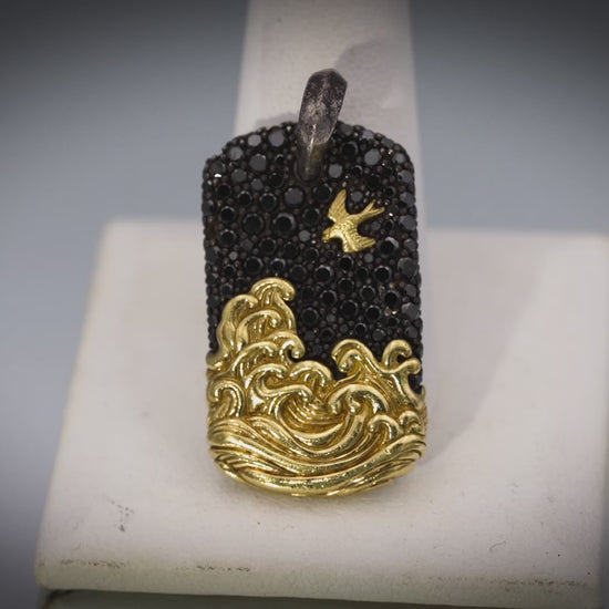 DAVID YURMAN Sterling Silver 18k Gold Black Diamond Waves Tag Pendant 2.74CT