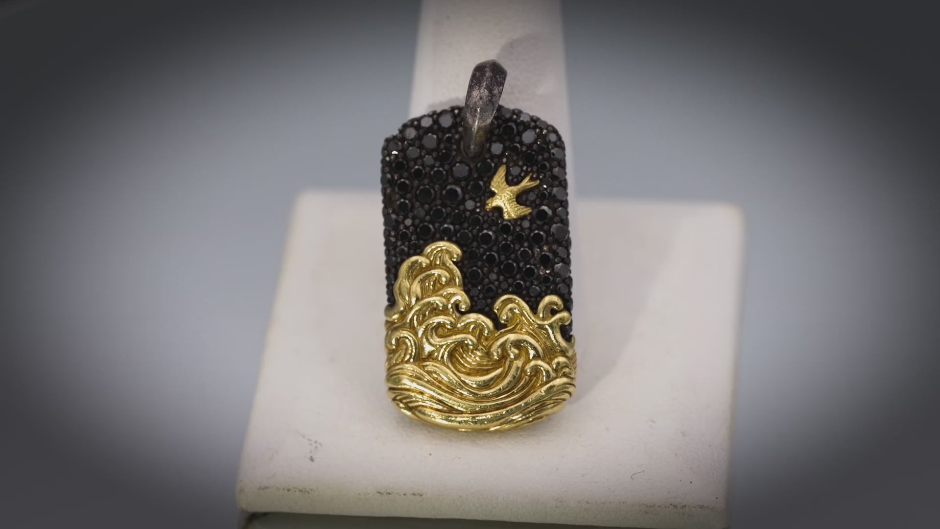 DAVID YURMAN Sterling Silver 18k Gold Black Diamond Waves Tag Pendant 2.74CT