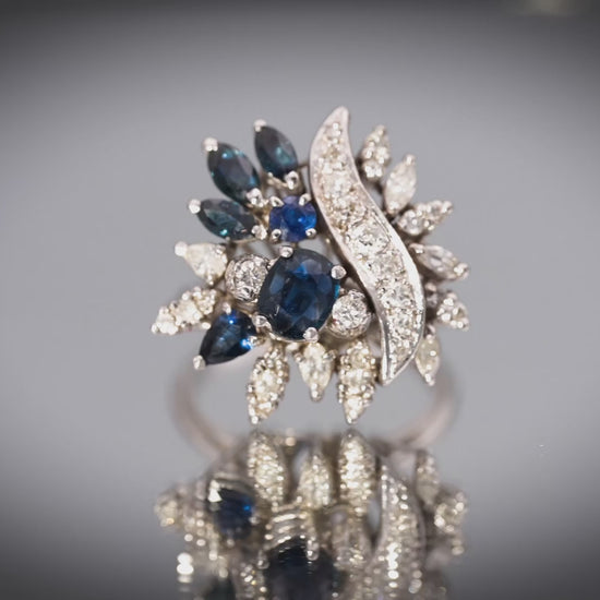Vintage Antique 14k White Gold Diamond and Sapphire Cocktail Ring 2.0CT Size 7.5