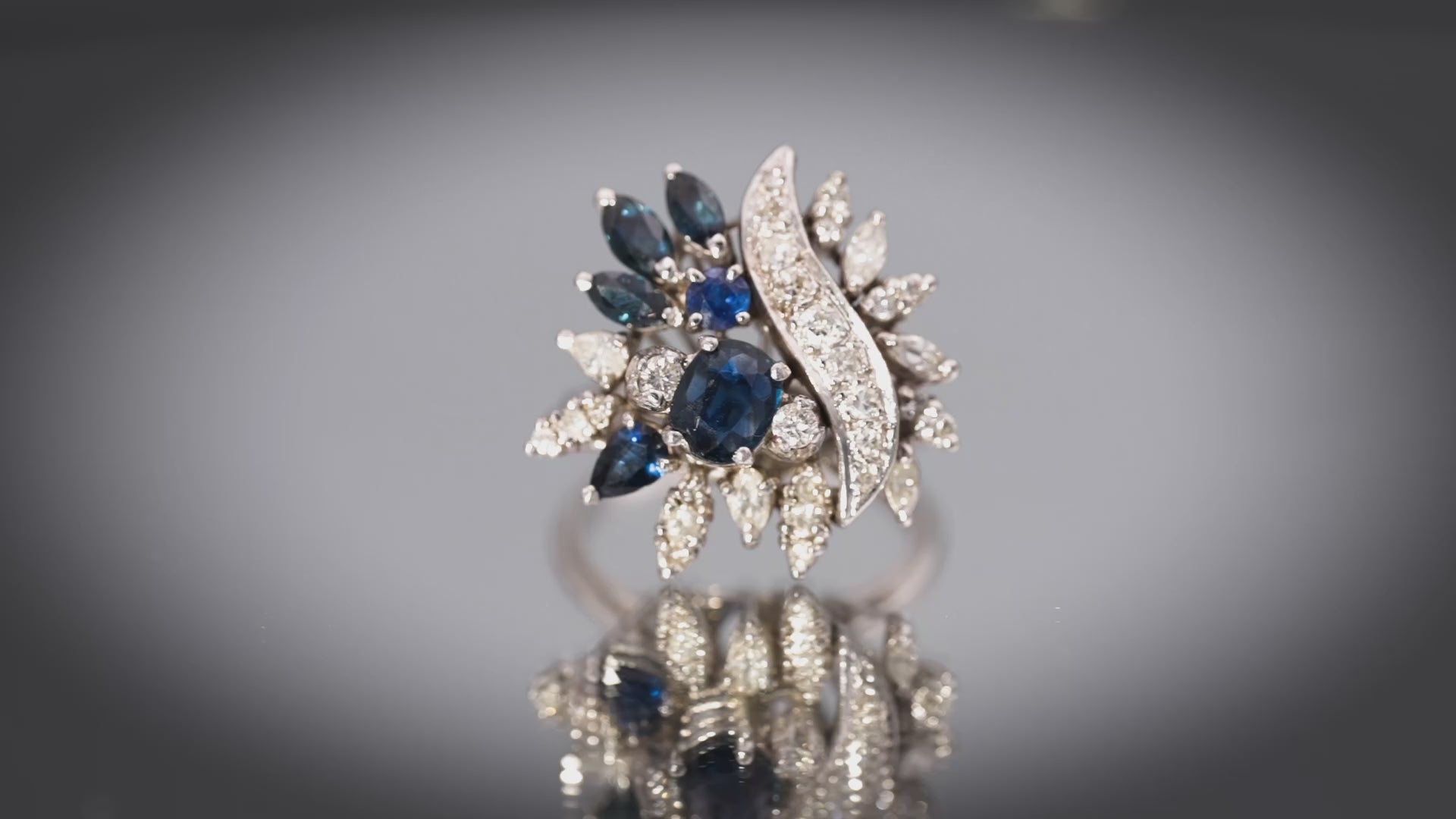 Vintage Antique 14k White Gold Diamond and Sapphire Cocktail Ring 2.0CT Size 7.5
