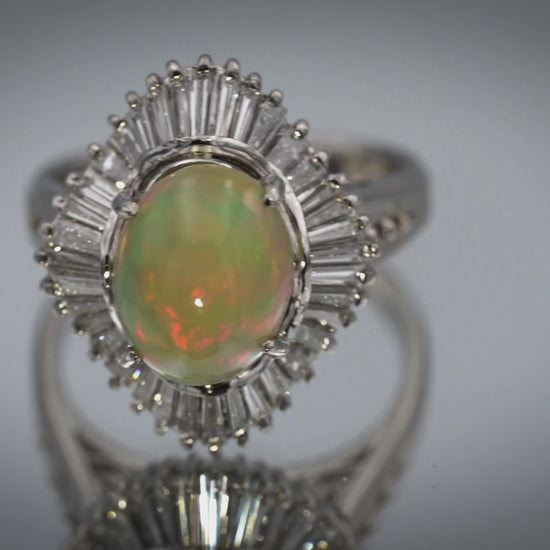 Platinum Cabochon Opal and Baguette Cut Diamond Cocktail Ring 2.98CTW Size 6.25