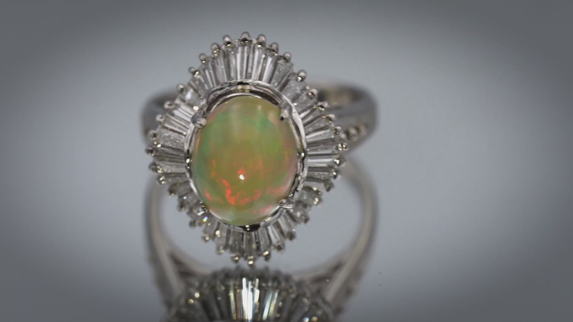 Platinum Cabochon Opal and Baguette Cut Diamond Cocktail Ring 2.98CTW Size 6.25