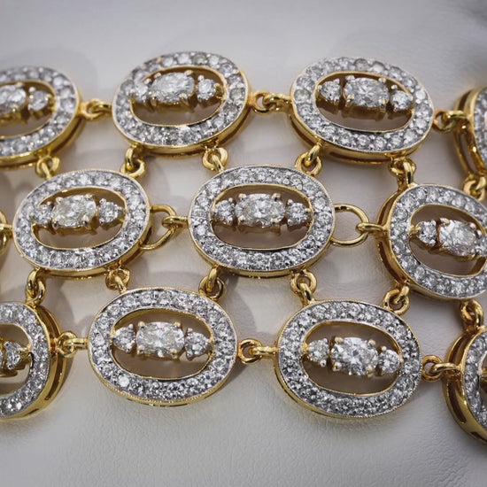 18k Yellow Gold Round and Oval Cut Diamond Halo Link Wide Bracelet 22.0CT