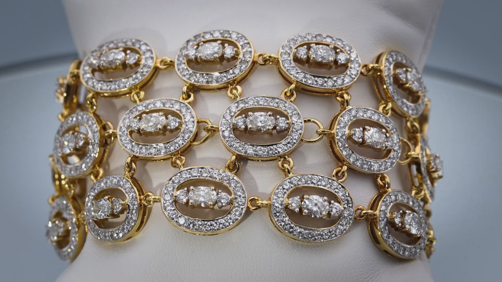 18k Yellow Gold Round and Oval Cut Diamond Halo Link Wide Bracelet 22.0CT
