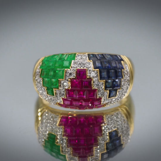 18k Yellow Gold VS Diamond Ruby Sapphire Emerald Dome Ring 4.20CT Size 6.5