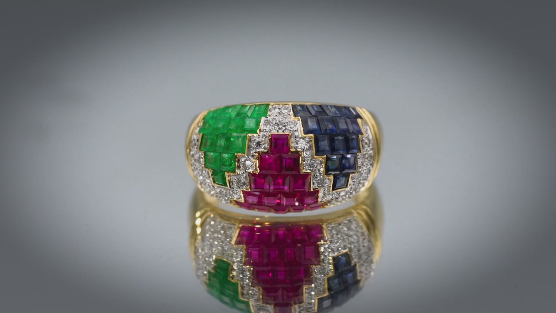 18k Yellow Gold VS Diamond Ruby Sapphire Emerald Dome Ring 4.20CT Size 6.5