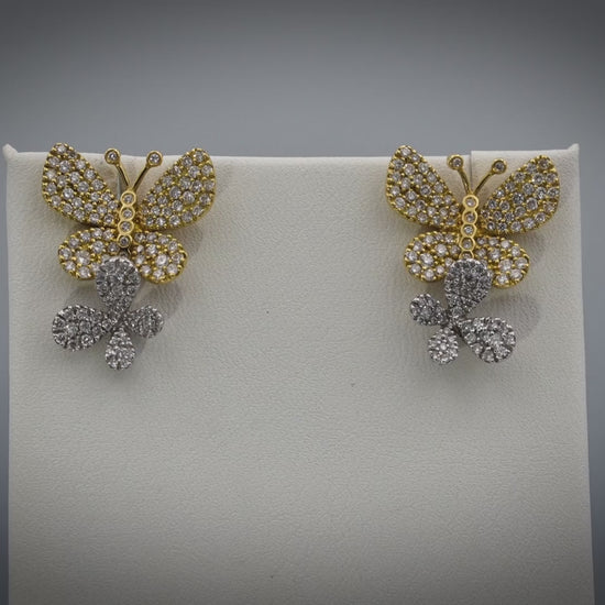 18k Yellow and White Gold VS Diamond Cluster Butterfly Stud Earrings 1.50CT