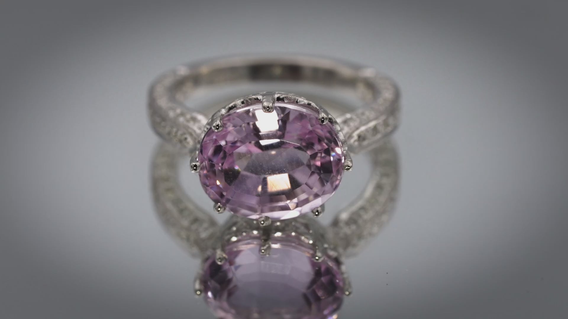Platinum Oval Cut Kunzite & Round Diamond Cocktail Ring 7.43CTW Size 7.25