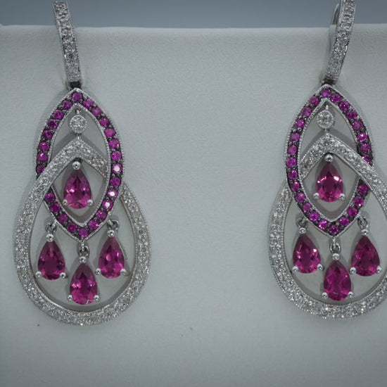 18k White Gold Diamond and Pink Tourmaline Drop Dangle Earrings 1.90CTW