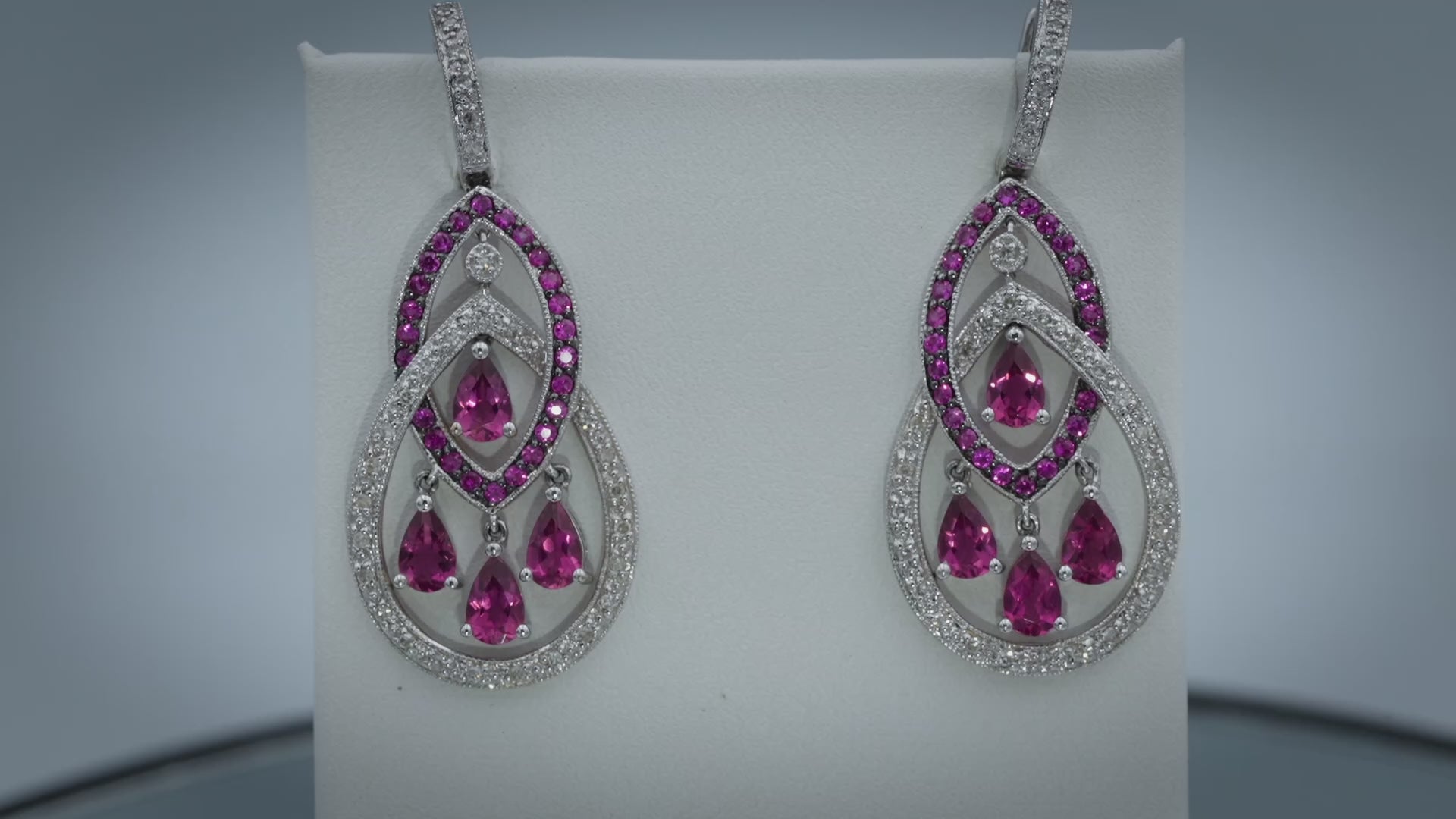 18k White Gold Diamond and Pink Tourmaline Drop Dangle Earrings 1.90CTW