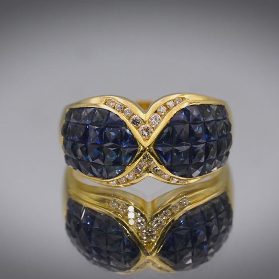 18k Yellow Gold VS Diamond & Blue Sapphire Cluster Cocktail Ring 4.60CTW Size 7