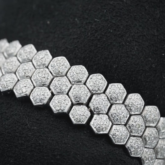 18k White Gold Round Diamond Hexagon Link Cluster 14.5mm Wide Bracelet 4.0CT