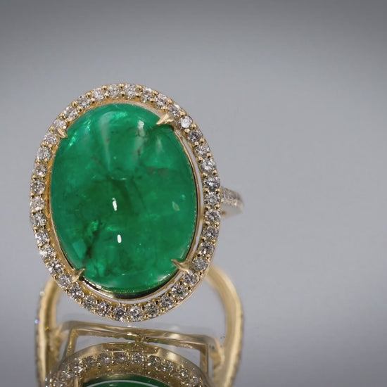 GIA Certified 14k Yellow Gold Oval Cabochon Emerald and Diamond Ring 17.01CTW