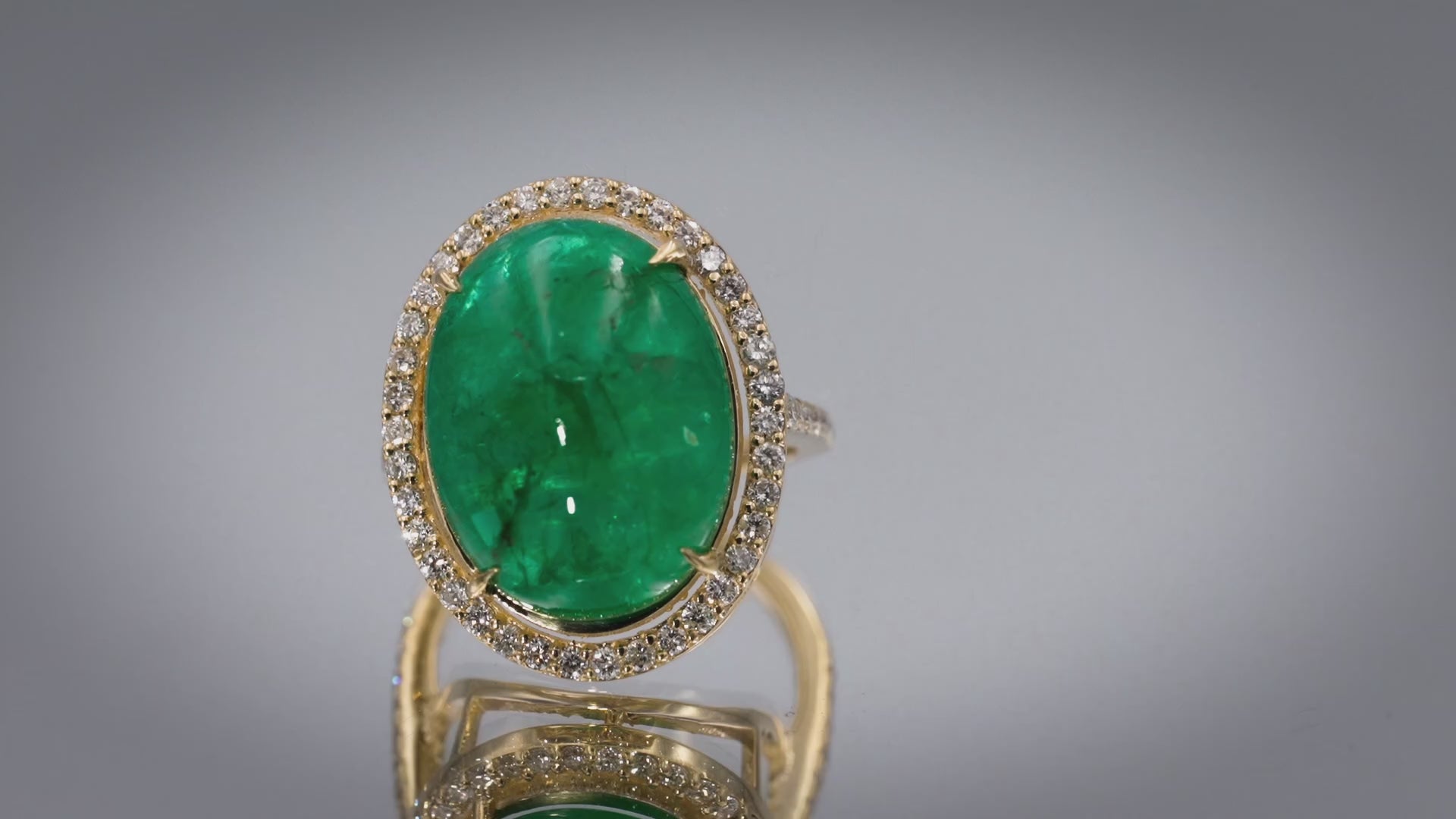 GIA Certified 14k Yellow Gold Oval Cabochon Emerald and Diamond Ring 17.01CTW