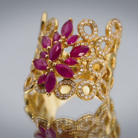 18k Yellow Gold VS Round Diamond Marquise Ruby Floral Cocktail Ring 1.65CT Sz. 7